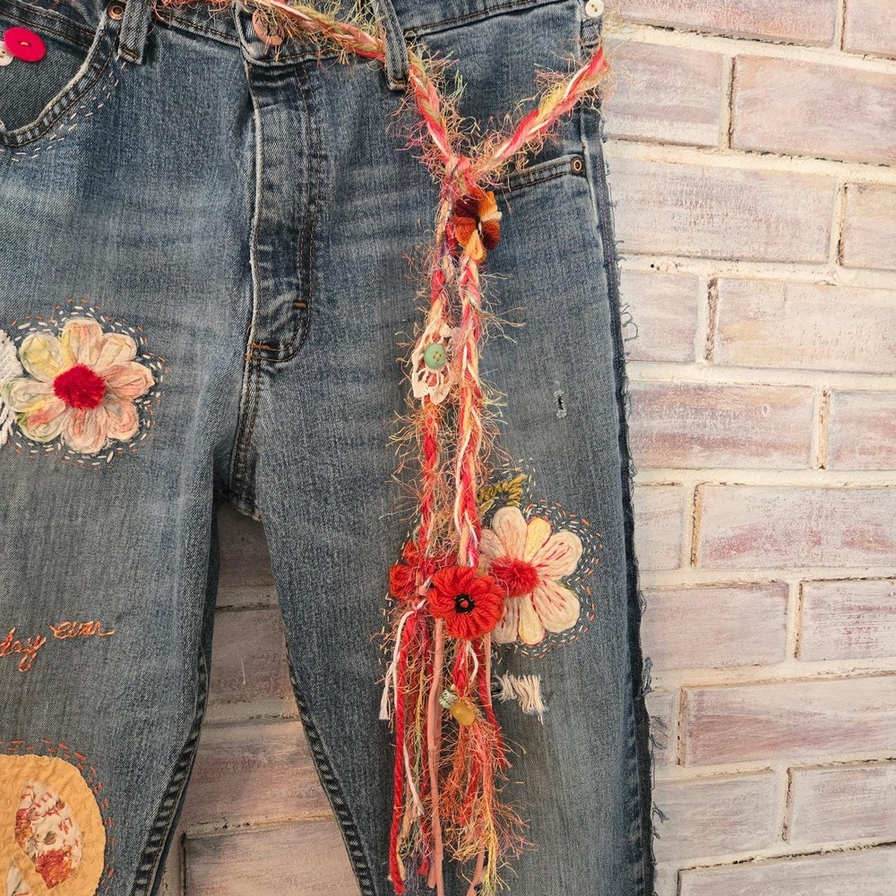 Upcycled One of a kind Distressed Patched Vintage lace Boyfriend Jeans Size 32 - Picture 4 of 10